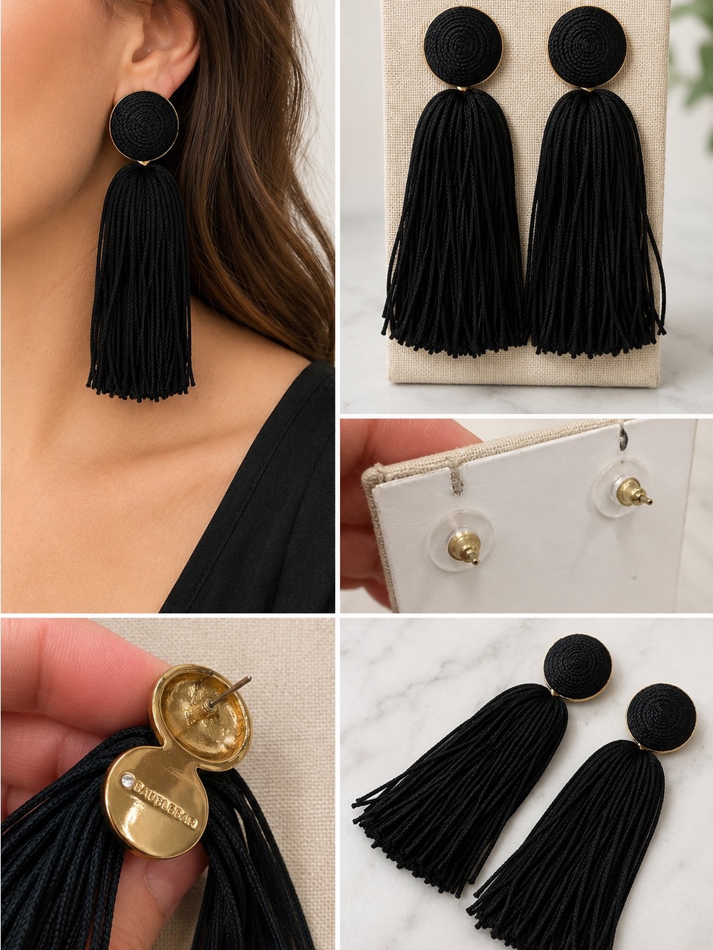 BaubleBar Black Tassel Statement Earrings Gold Tone Post Earrings